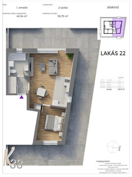 Predaj 2i byt s 53 m2 terasou  v novom projekte na nábreží v centre mesta Mosonmagyaróvár