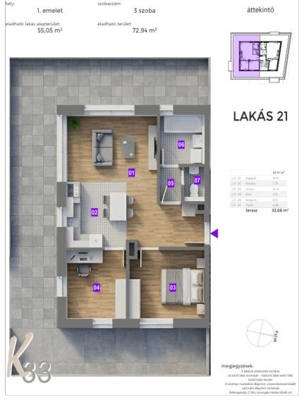 Predaj 3i byt s 53 m2 terasou v novom projekte na nábreží v centre mesta Mosonmagyaróvár