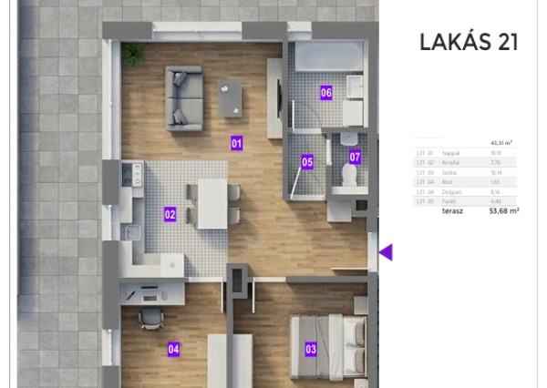 Predaj 3i byt s 53 m2 terasou v novom projekte na nábreží v centre mesta Mosonmagyaróvár